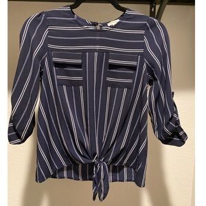 Monteau blue and white stripe pocket blouse mid length sleeves